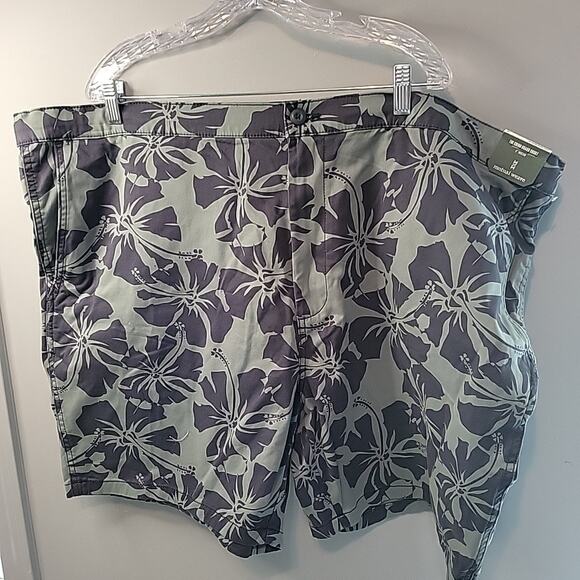 Mutual Weave Chino Board Shorts Men's 52 Gray Black Tropical Hibiscus Print NWT - Picture 1 of 6